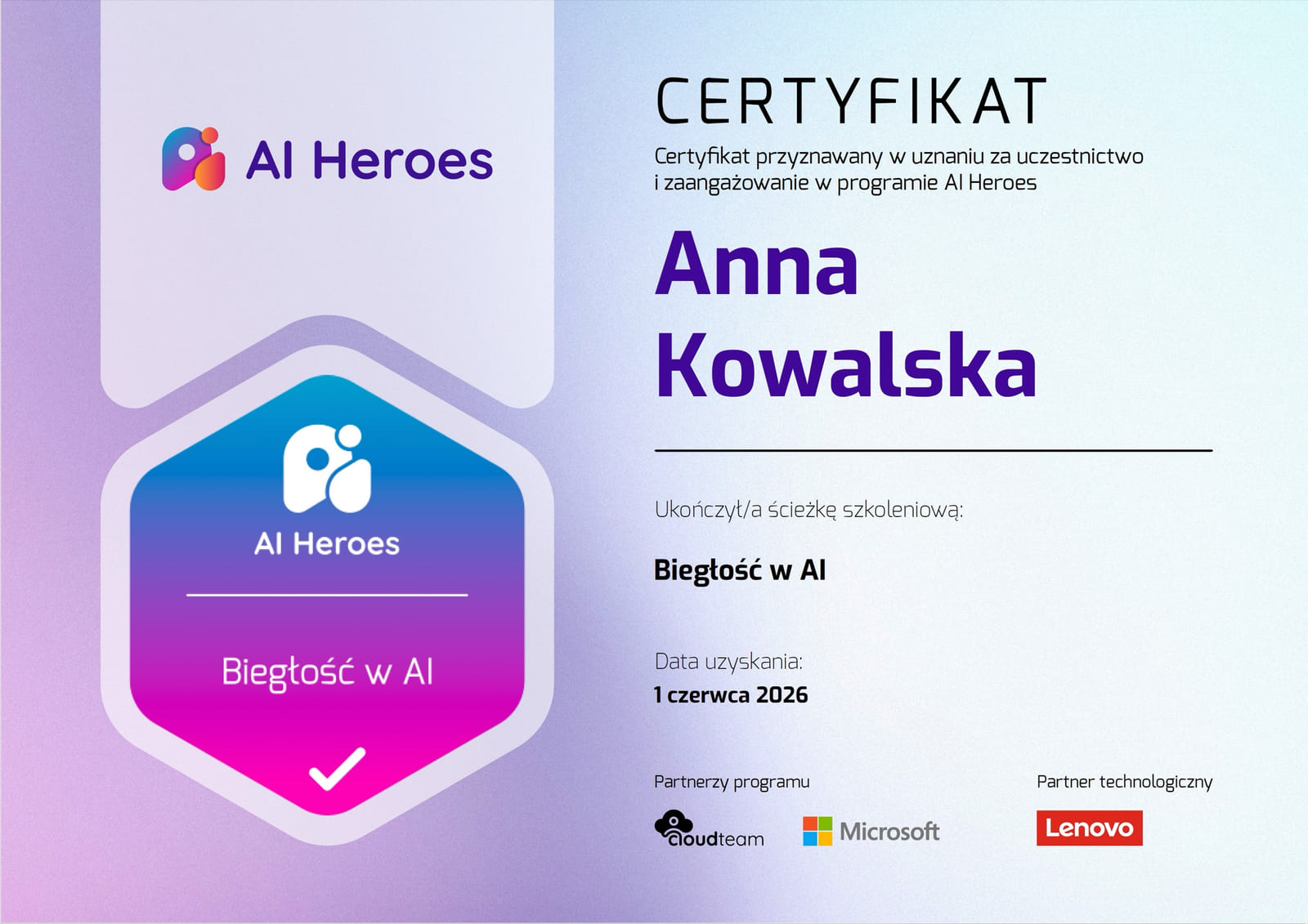 Przykładowy certyfikat AI Heroes dla Anny Kowalskiej za ukończenie ścieżki „Biegłość w AI”, z odznaką i logo CloudTeam, Microsoft oraz Lenovo.