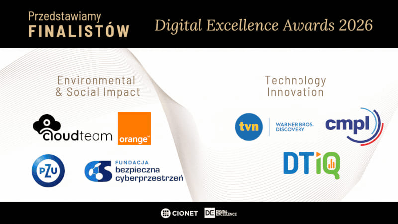 Plansza finalistów Digital Excellence Awards 2026: w kategorii Environmental & Social Impact CloudTeam, Orange, PZU i Fundacja Bezpieczna Cyberprzestrzeń.