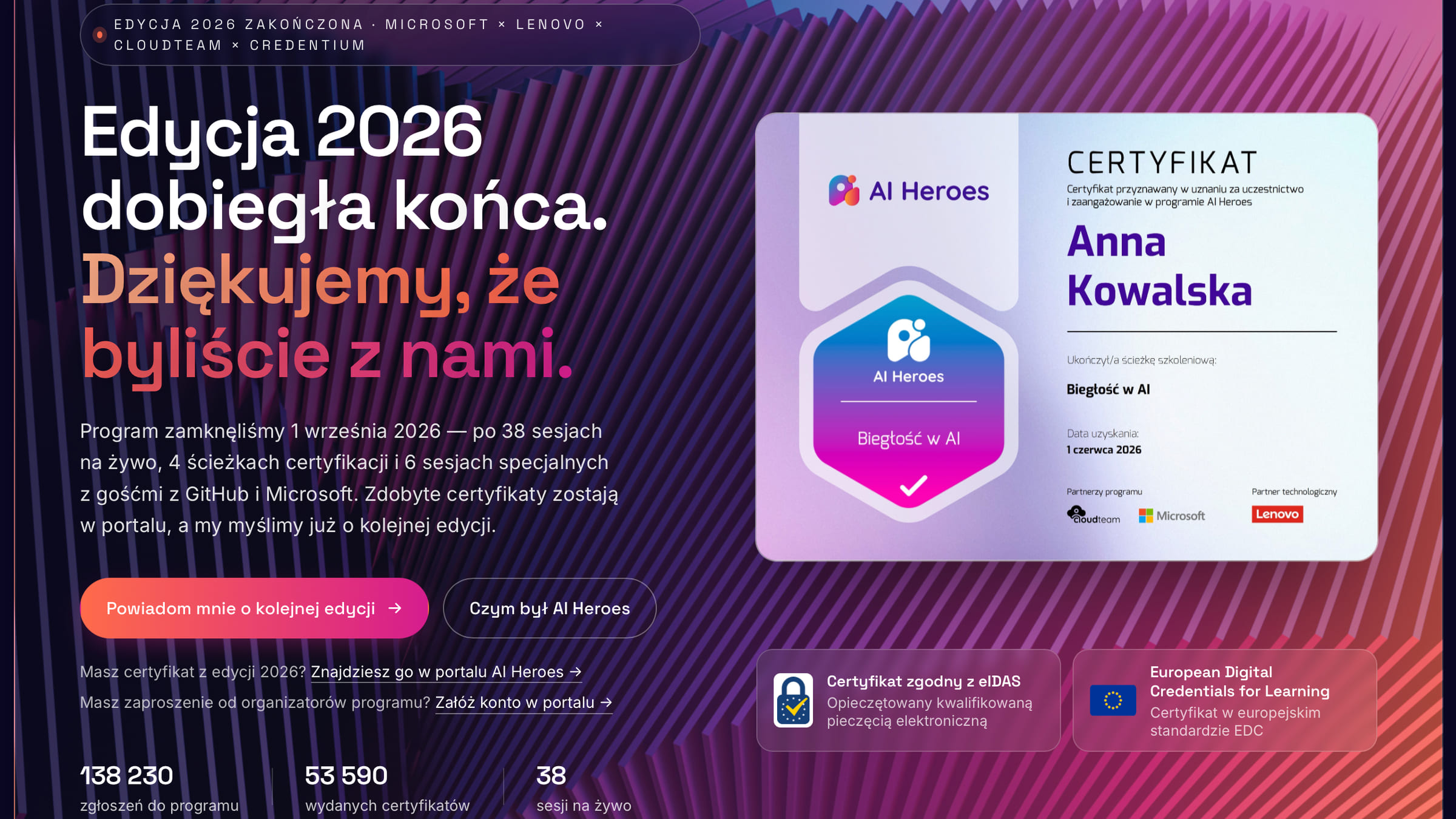 Strona programu AI Heroes: „Edycja 2026 dobiegła końca. Dziękujemy, że byliście z nami”, przykładowy certyfikat „Biegłość w AI” oraz 138 230 zgłoszeń i 53 590 certyfikatów.